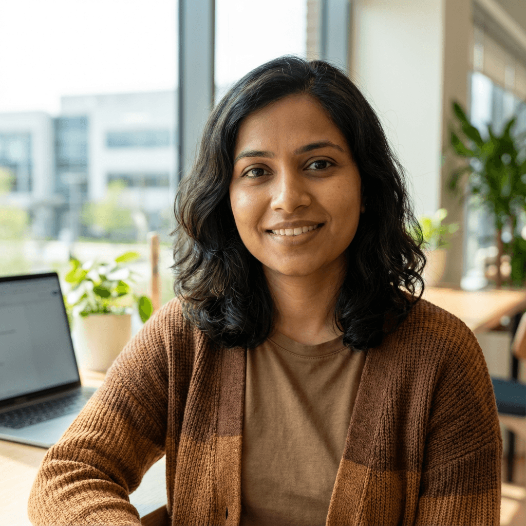 Priya Sharma, a woman in her early 30s, smiling warmly