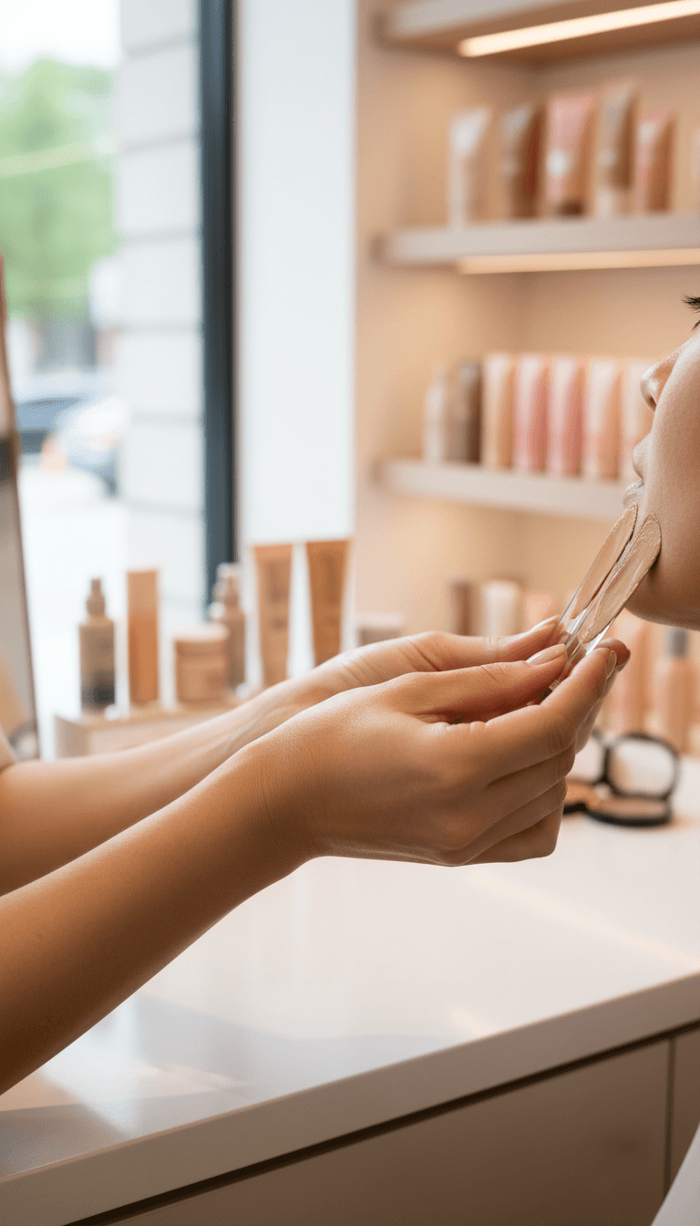Beauty consultant comparing foundation shades on a customer's skin
