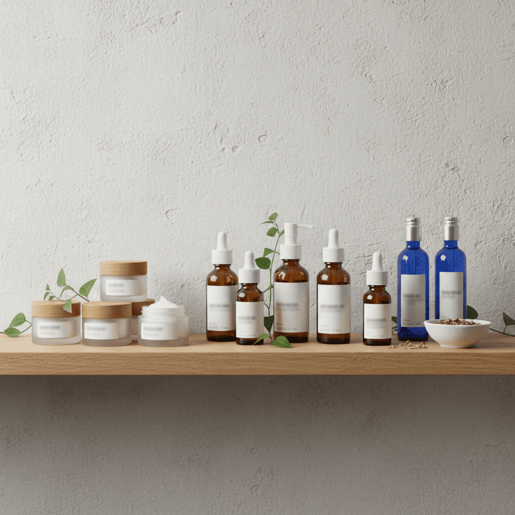 Natural cosmetics display with diverse skincare bottles and cream jars