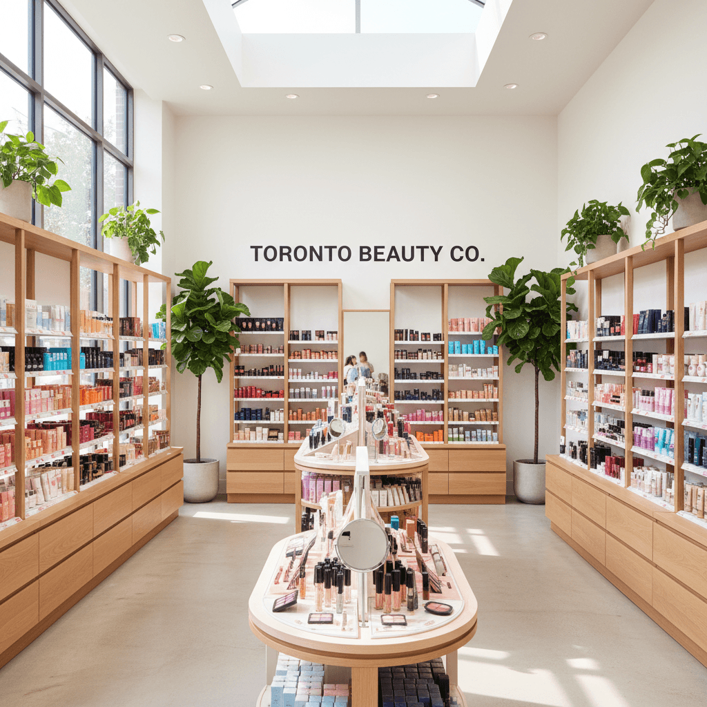 Bright and airy beauty store interior in Toronto, shelves stocked with colorful cosmetics