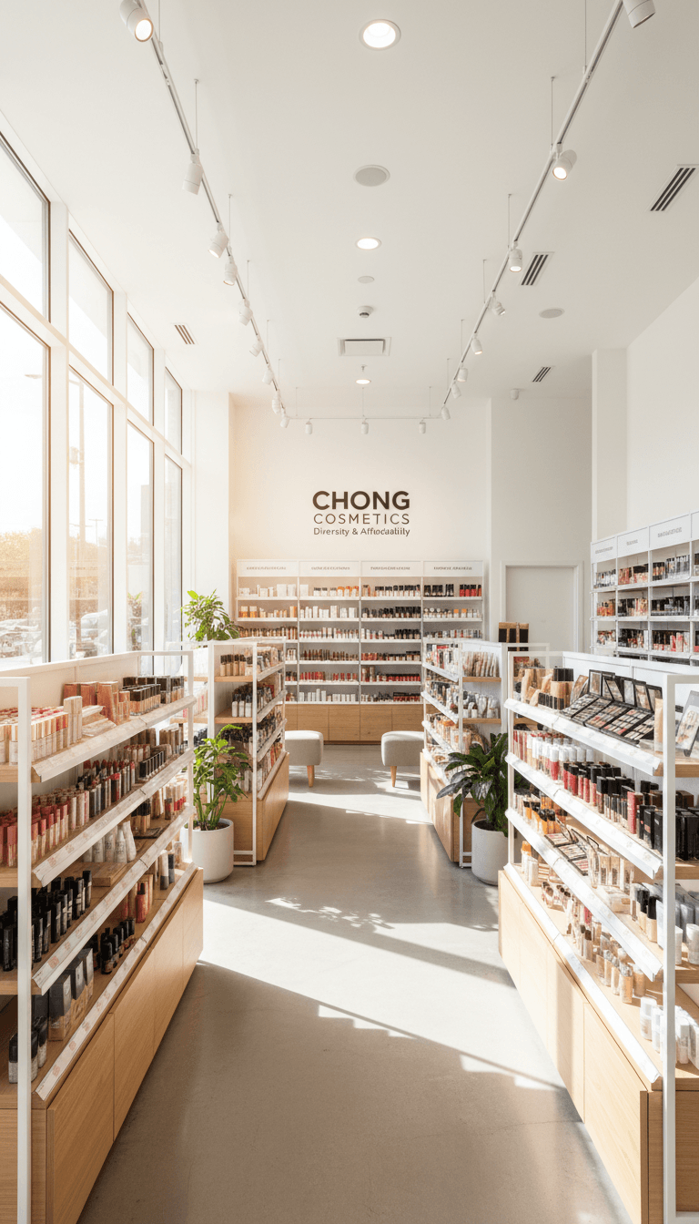 Bright and airy beauty store interior in Toronto, shelves stocked with colorful cosmetics