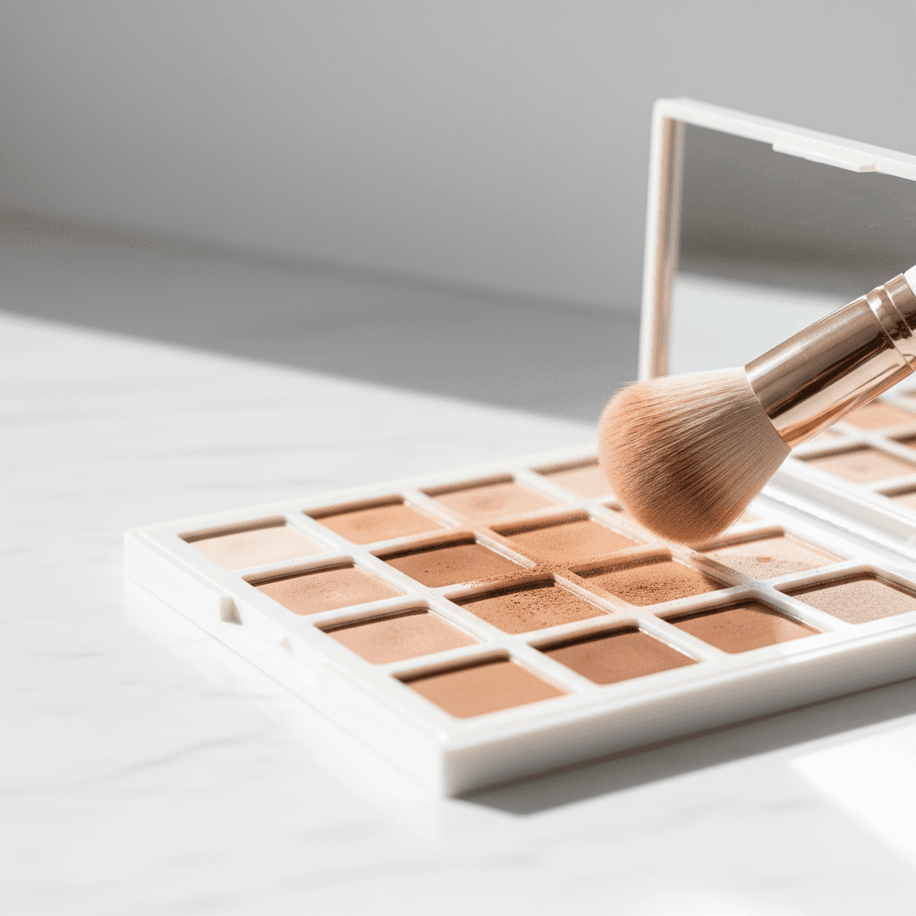 Open makeup palette with neutral tones and a brush applying powder
