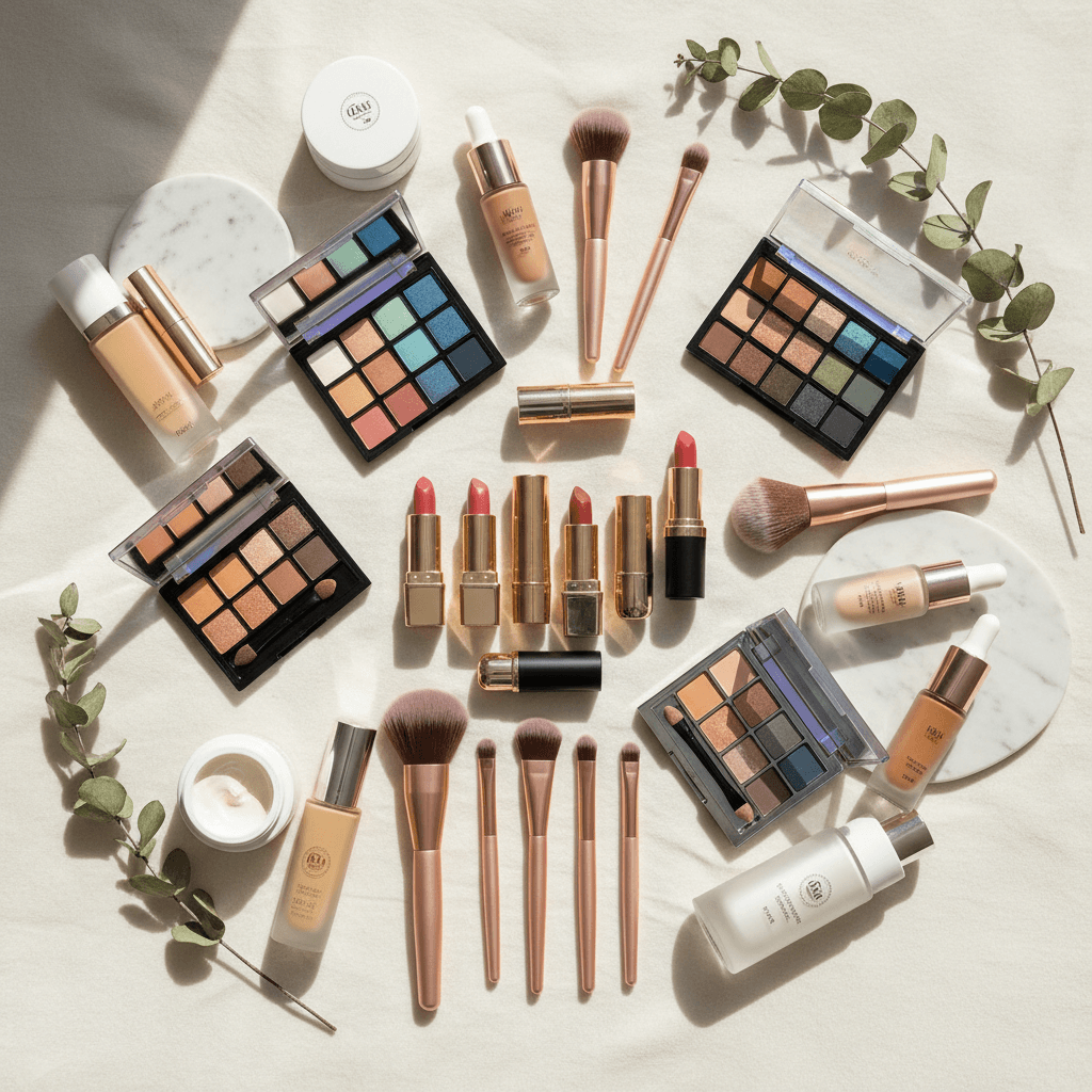 Curated beauty products arranged on a bright counter