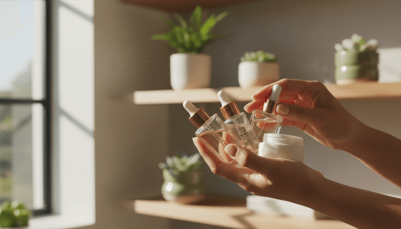 Customer testing a cosmetics product on their wrist at a beauty counter inside the store