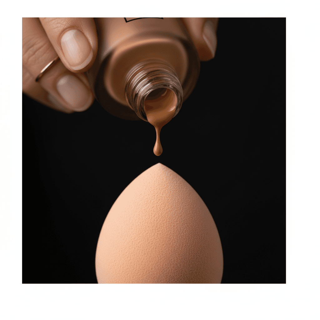 Close-up of foundation bottle with makeup sponge