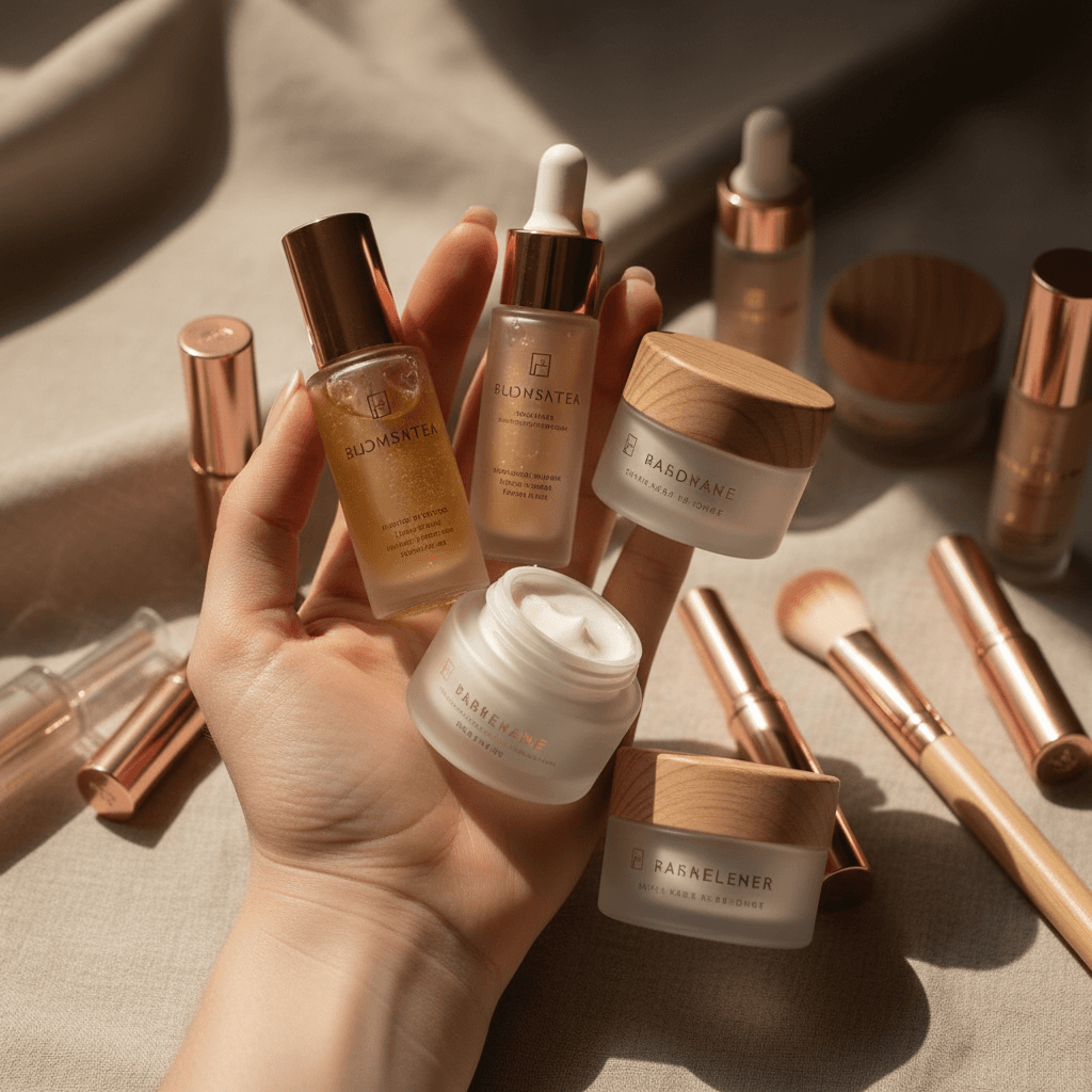 Curated makeup products displayed on a shelf in a warm, welcoming store