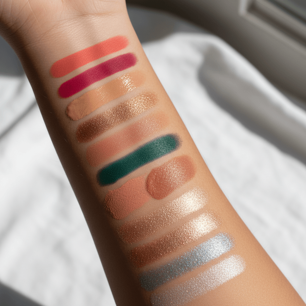 Close-up of makeup shades swatched on skin in warm natural light