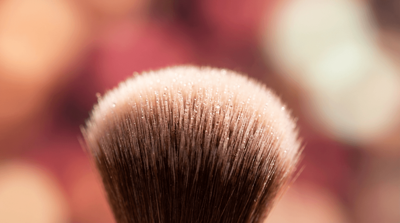 Hand reaching for makeup brush on display