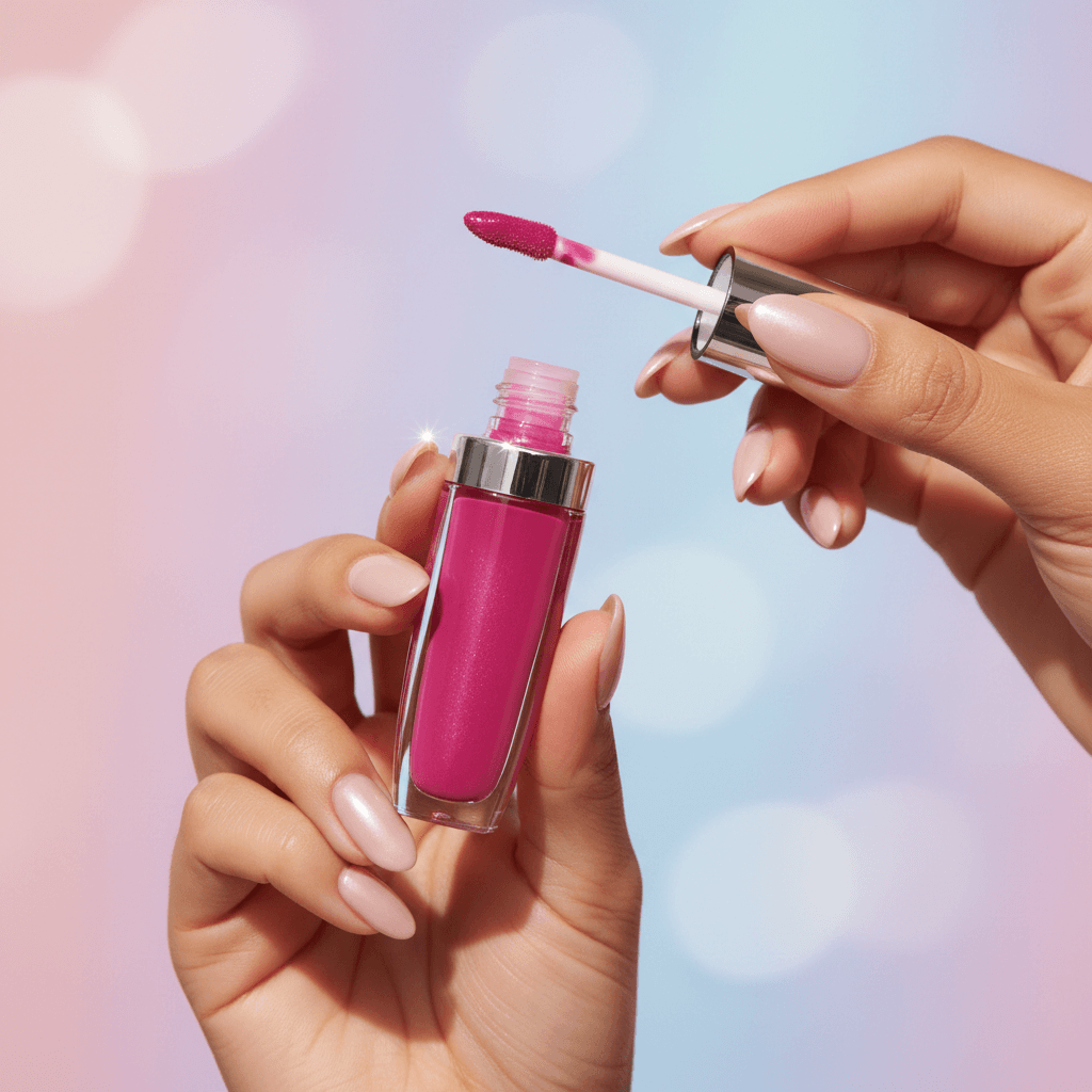 Customer testing lipstick shade at beauty counter