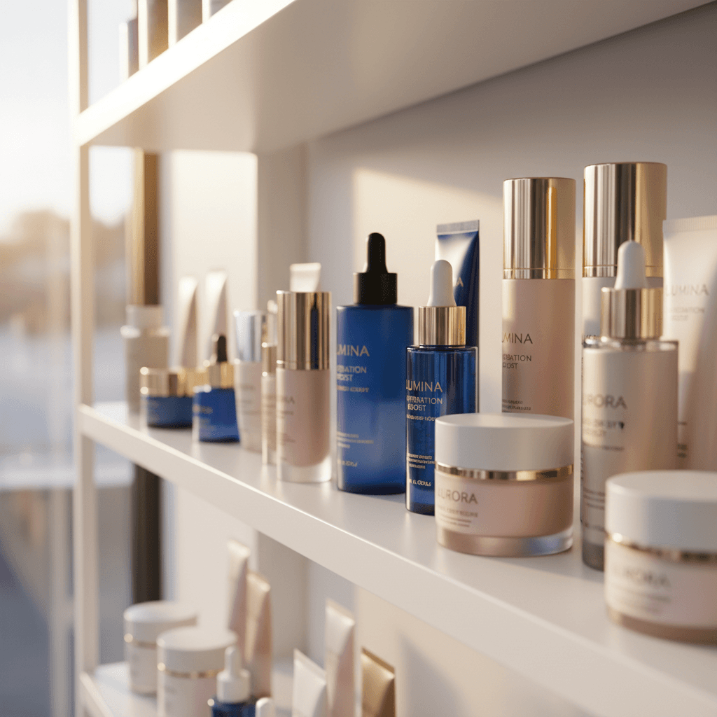 Cosmetics arranged neatly on a bright counter at a Toronto beauty shop