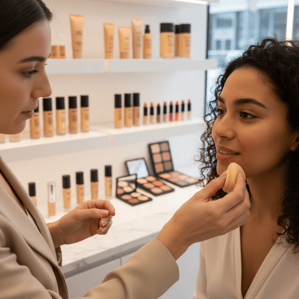 Beauty consultant holding makeup products for comparison