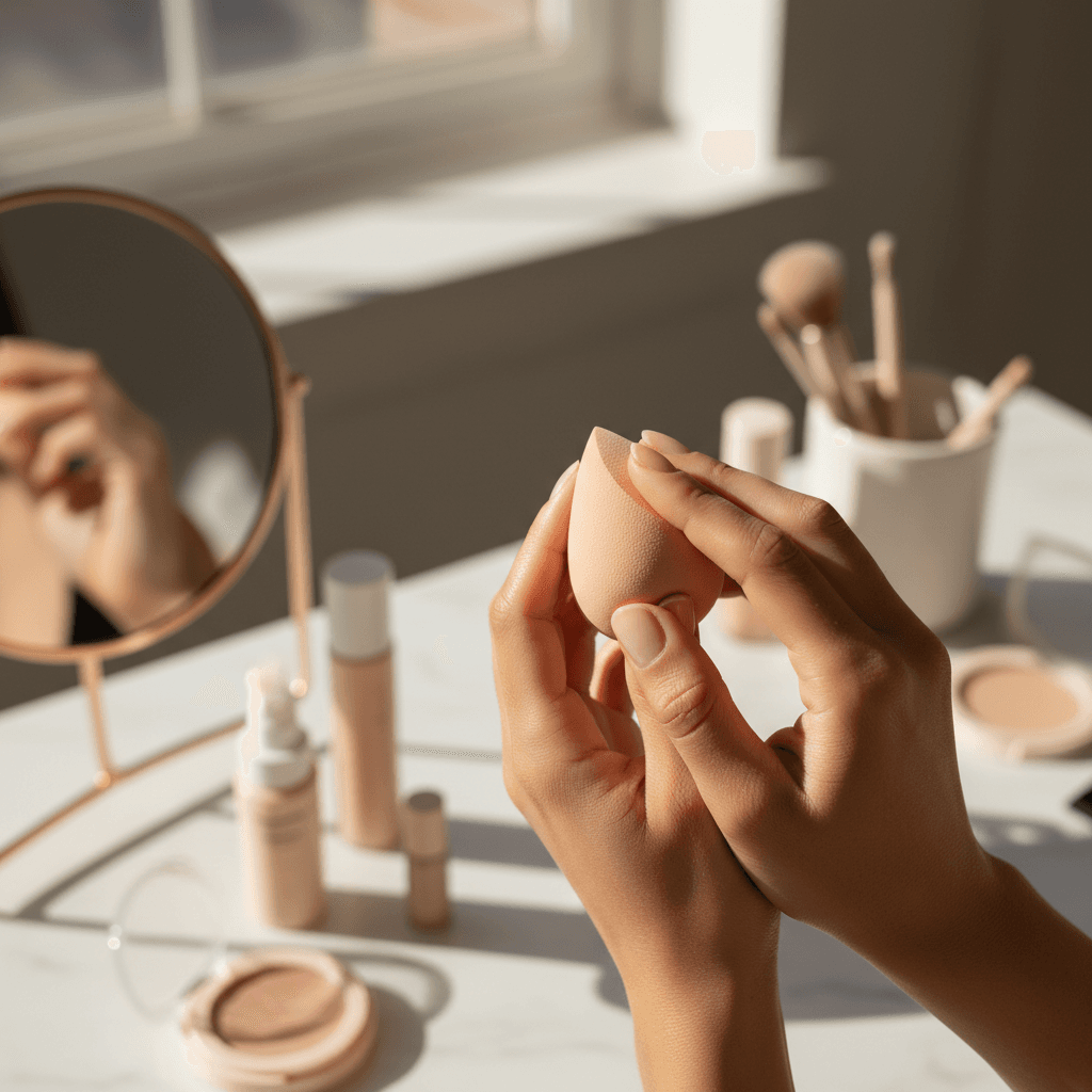 Curated set of cosmetics in an organized arrangement on dark stone
