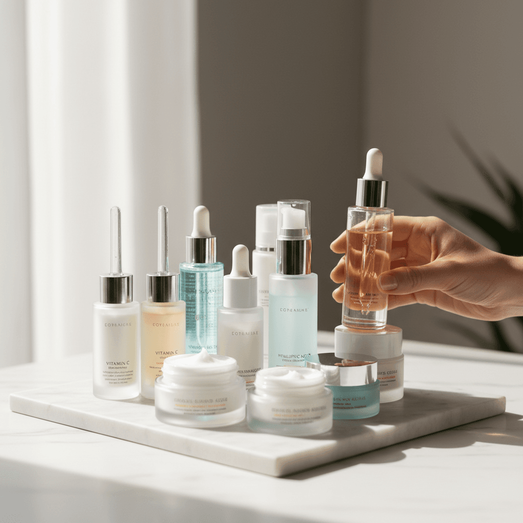 Curated display of skincare sets and serums